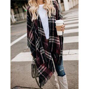 Women's Boho Open Front Poncho Knitted Plaid Shawl Wrap Cape Tassel